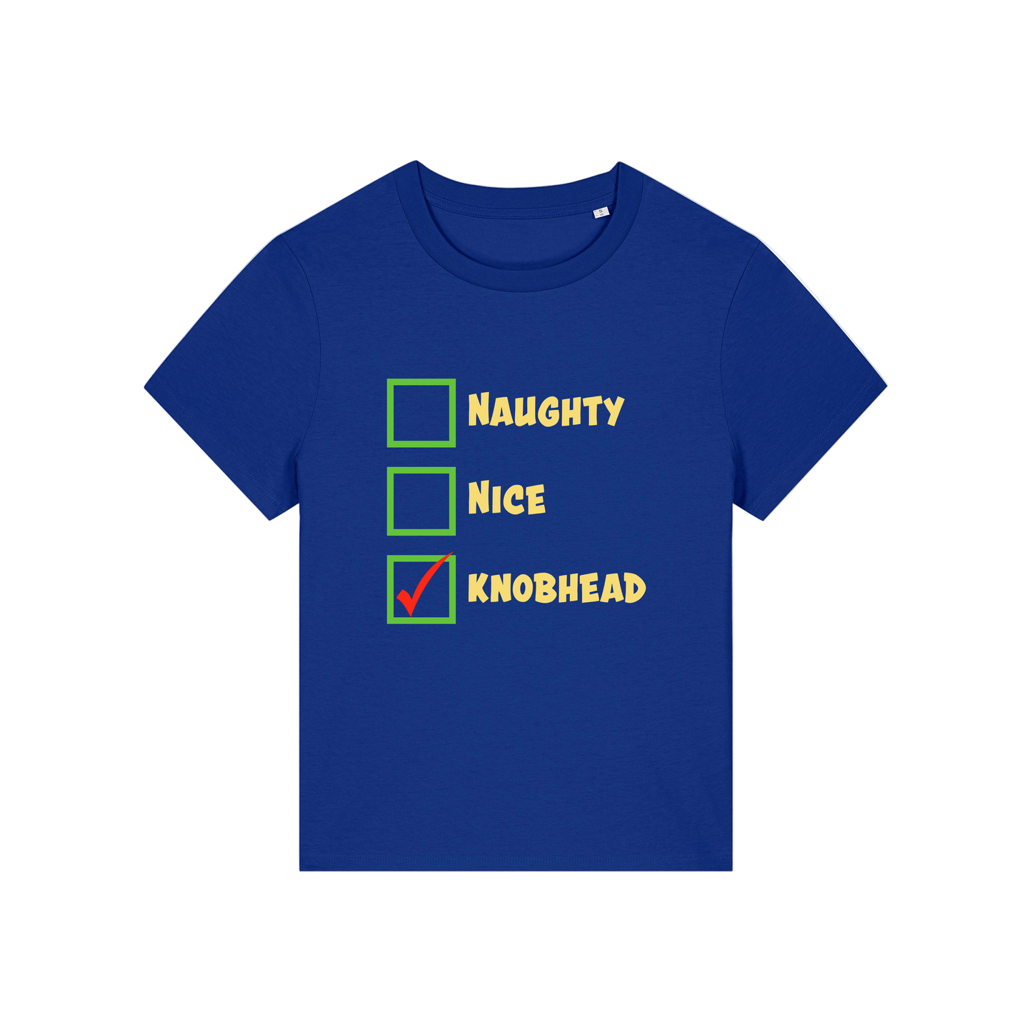 blue christmas slogan t-shirt with humorous text and checkboxes 