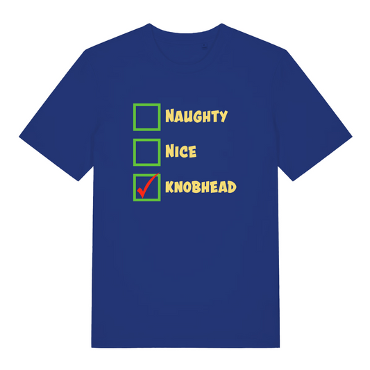 blue women's xmas tee with the text 'naughty nice knobhead' and a tick next to the 'knobhead'