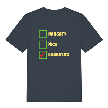 ink grey women's xmas tee with the text 'naughty nice knobhead' and a tick next to the 'knobhead'