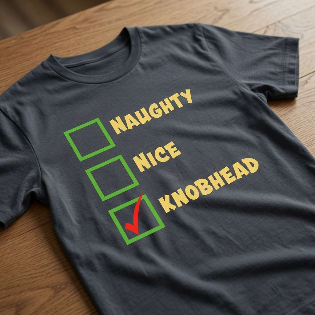Ink grey Naughty Nice Knobhead t-shirt on wood with checklist design, rude ladies christmas party banter