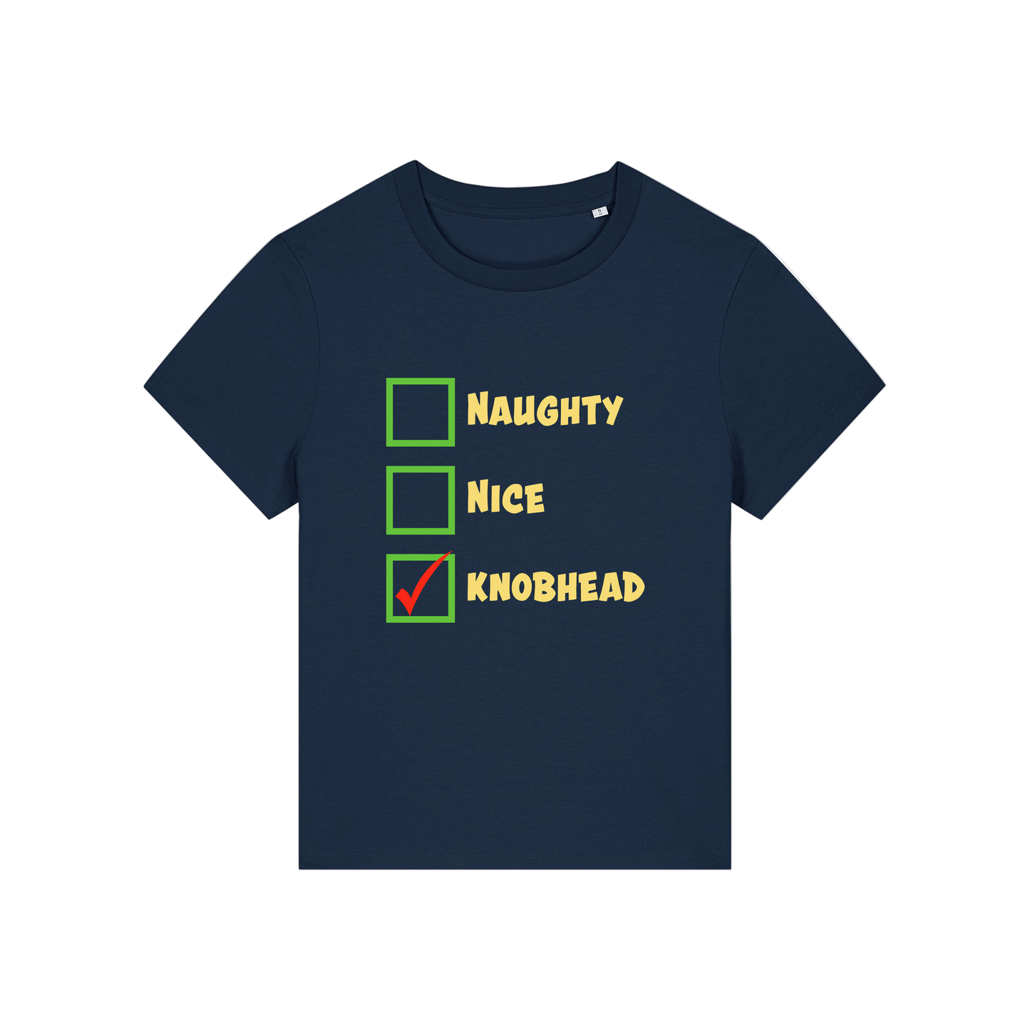 navy christmas slogan t-shirt with humorous text and checkboxes 