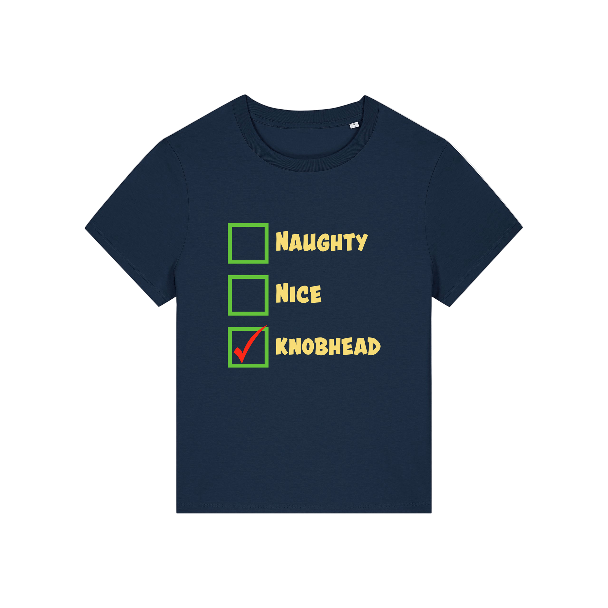 navy christmas slogan t-shirt with humorous text and checkboxes 