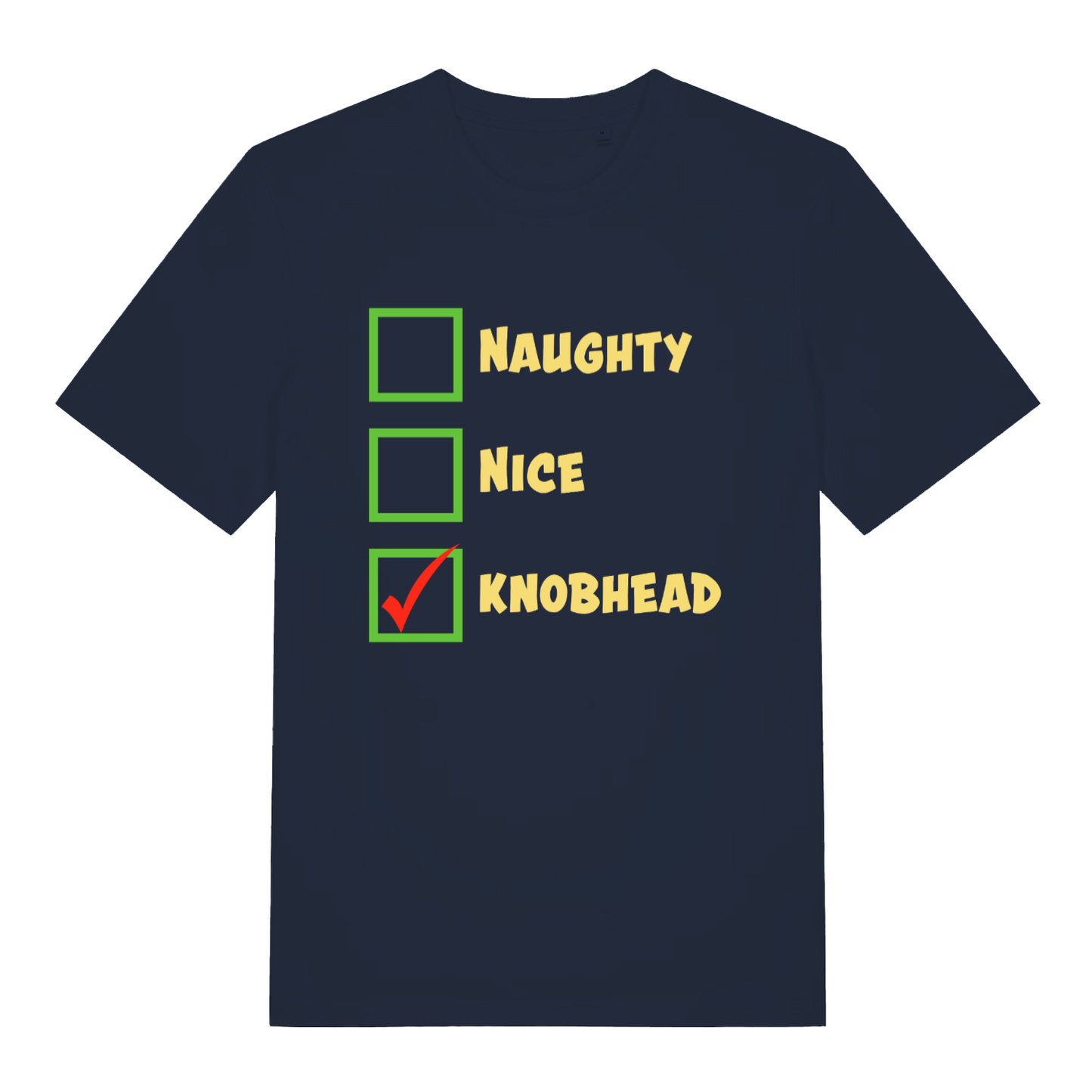 Navy Naughty Nice Knobhead funny slogan t-shirt showing festive checklist design  