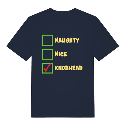 Navy Naughty Nice Knobhead funny slogan t-shirt showing festive checklist design  