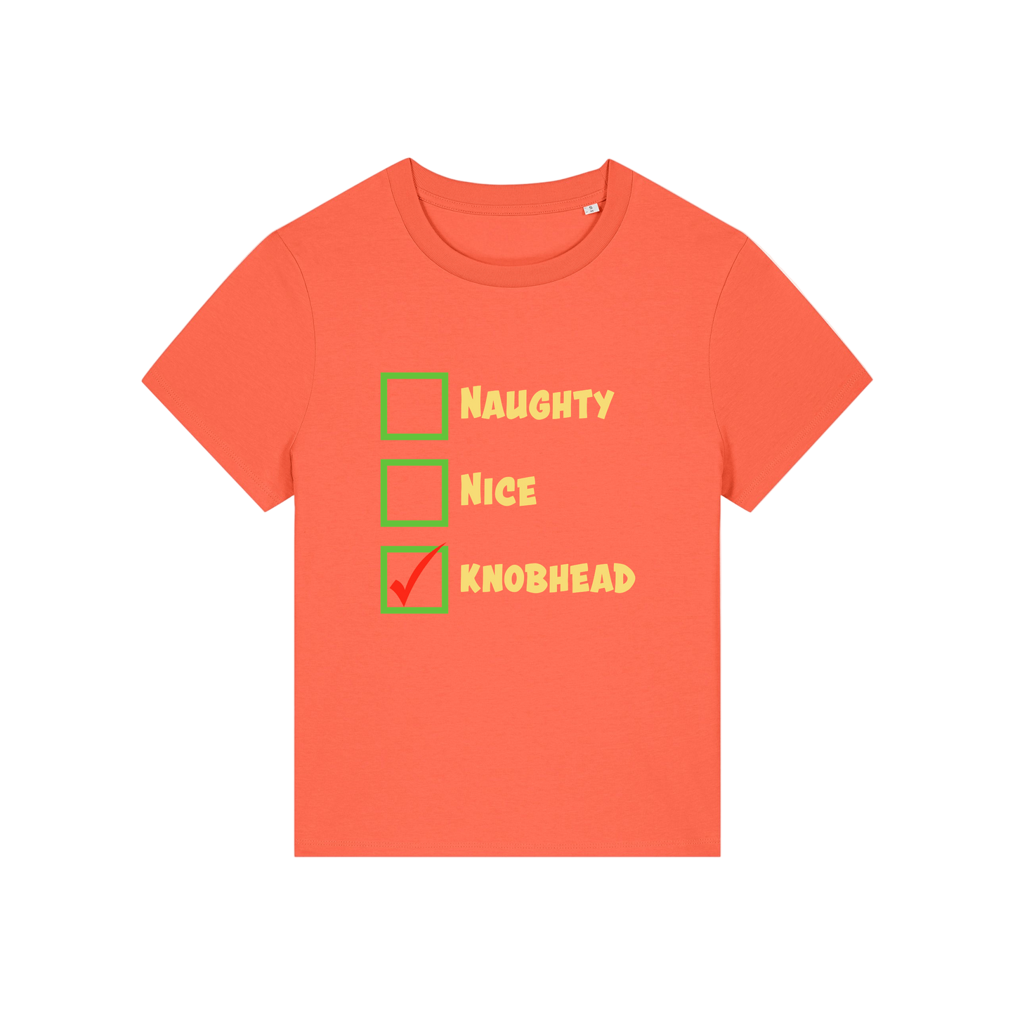 orange christmas slogan t-shirt with humorous text and checkboxes 