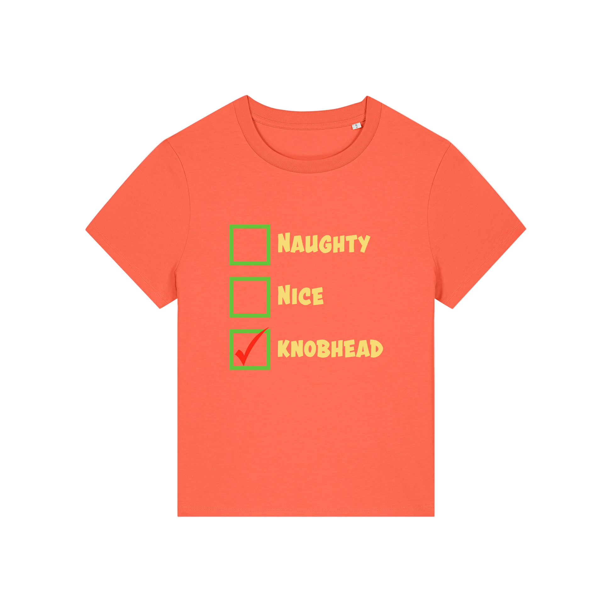 orange christmas slogan t-shirt with humorous text and checkboxes 