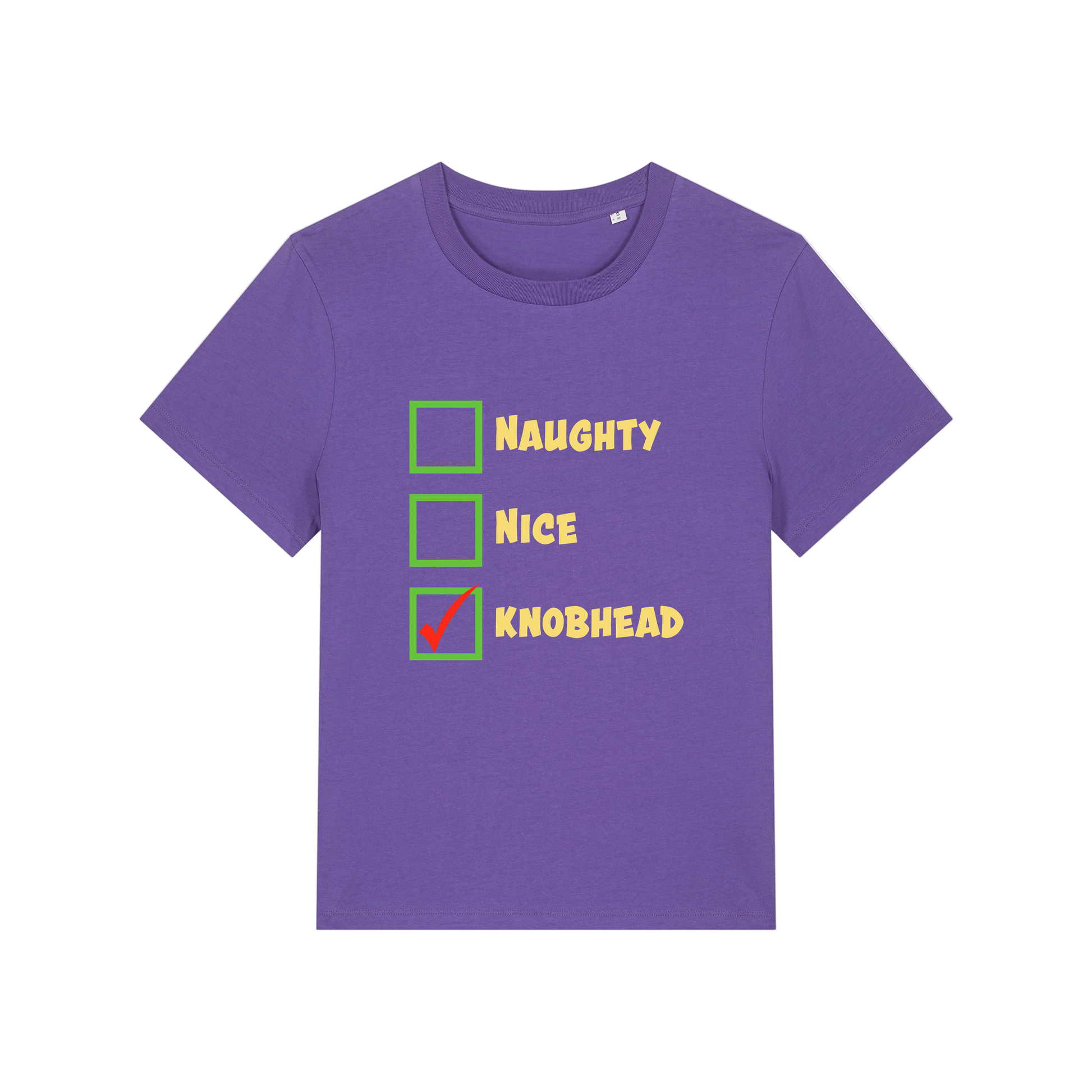 purple christmas slogan t-shirt with humorous text and checkboxes 