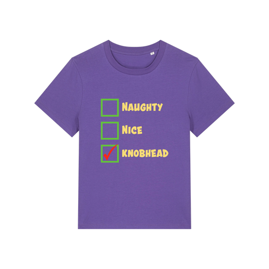 purple christmas slogan t-shirt with humorous text and checkboxes 