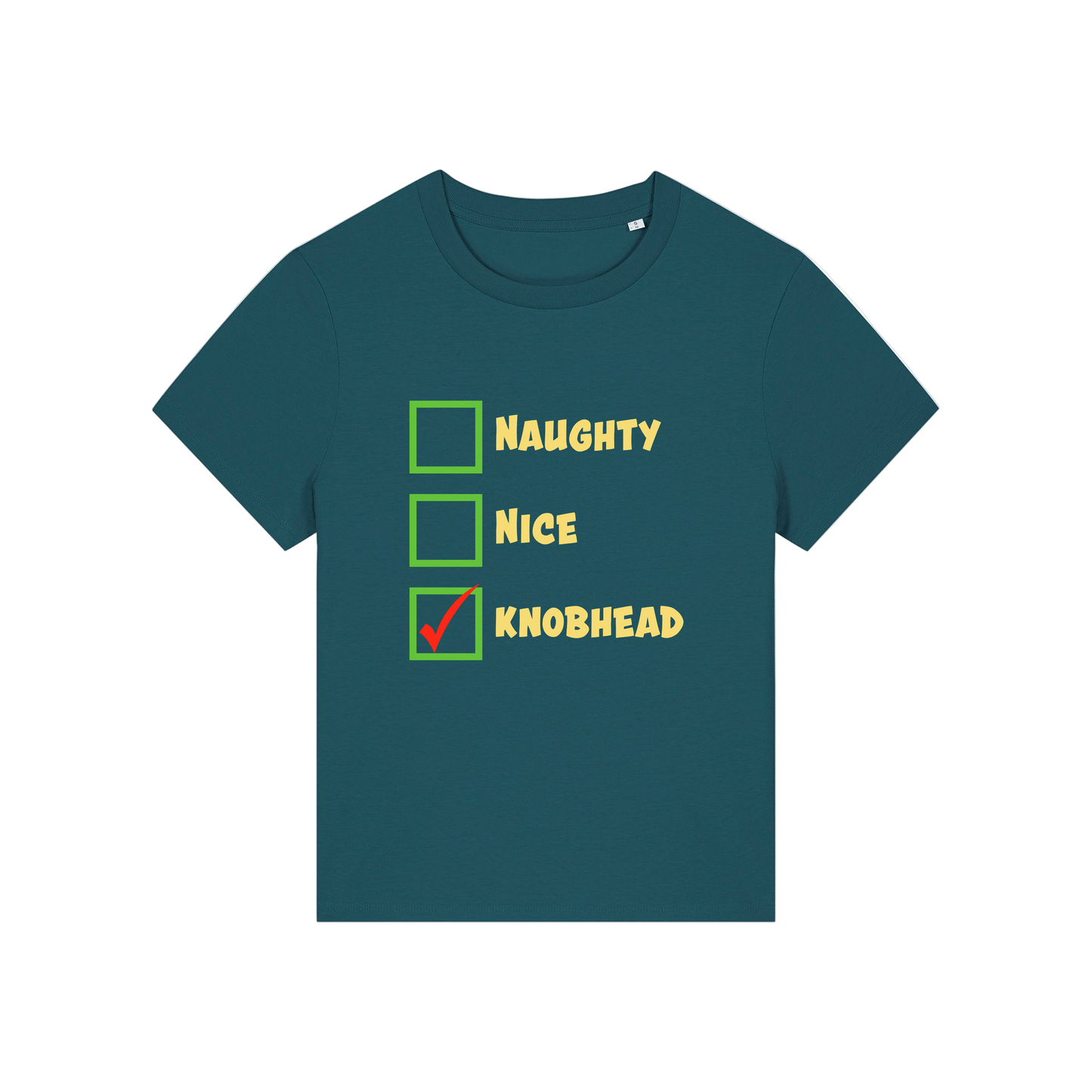 teal christmas slogan t-shirt with humorous text and checkboxes 