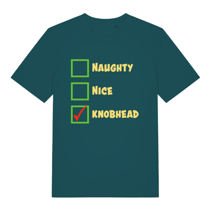 Teal Naughty Nice Knobhead funny slogan t-shirt with naughty nice knobhead Christmas design  