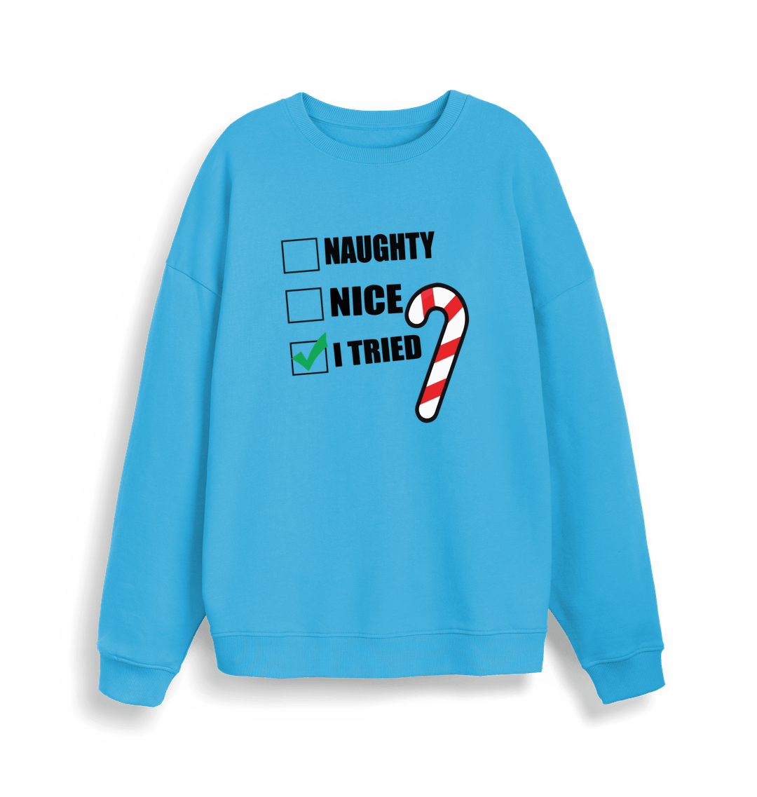 blue christmas sweater with the slogan 'naughty nice i tried'