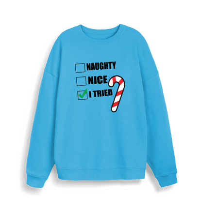 blue christmas sweater with the slogan 'naughty nice i tried'
