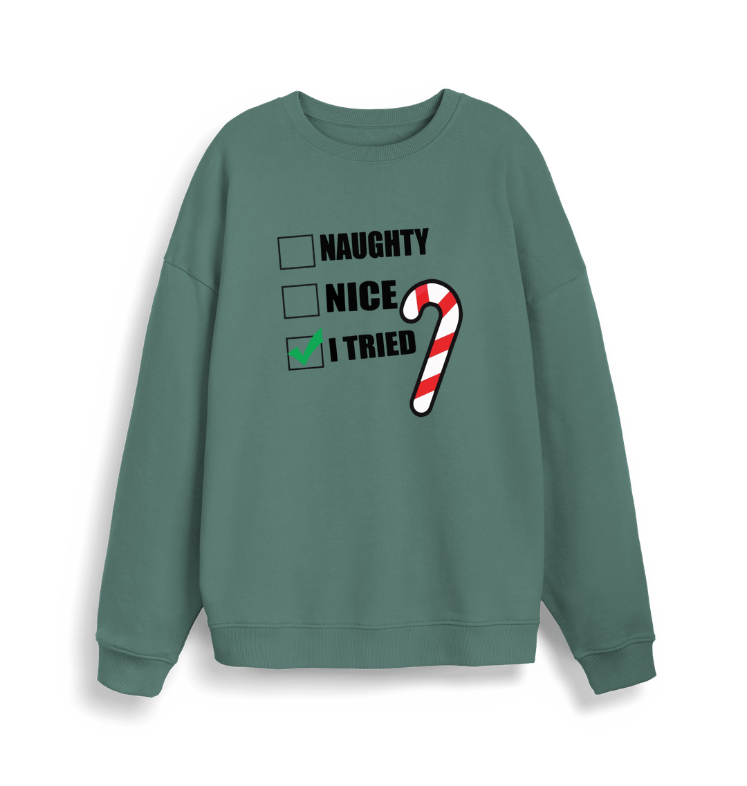 green christmas sweater with the slogan 'naughty nice i tried'