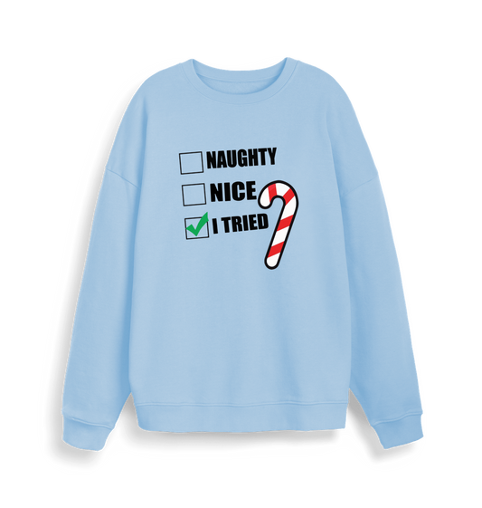 light blue christmas sweater with the slogan 'naughty nice i tried'