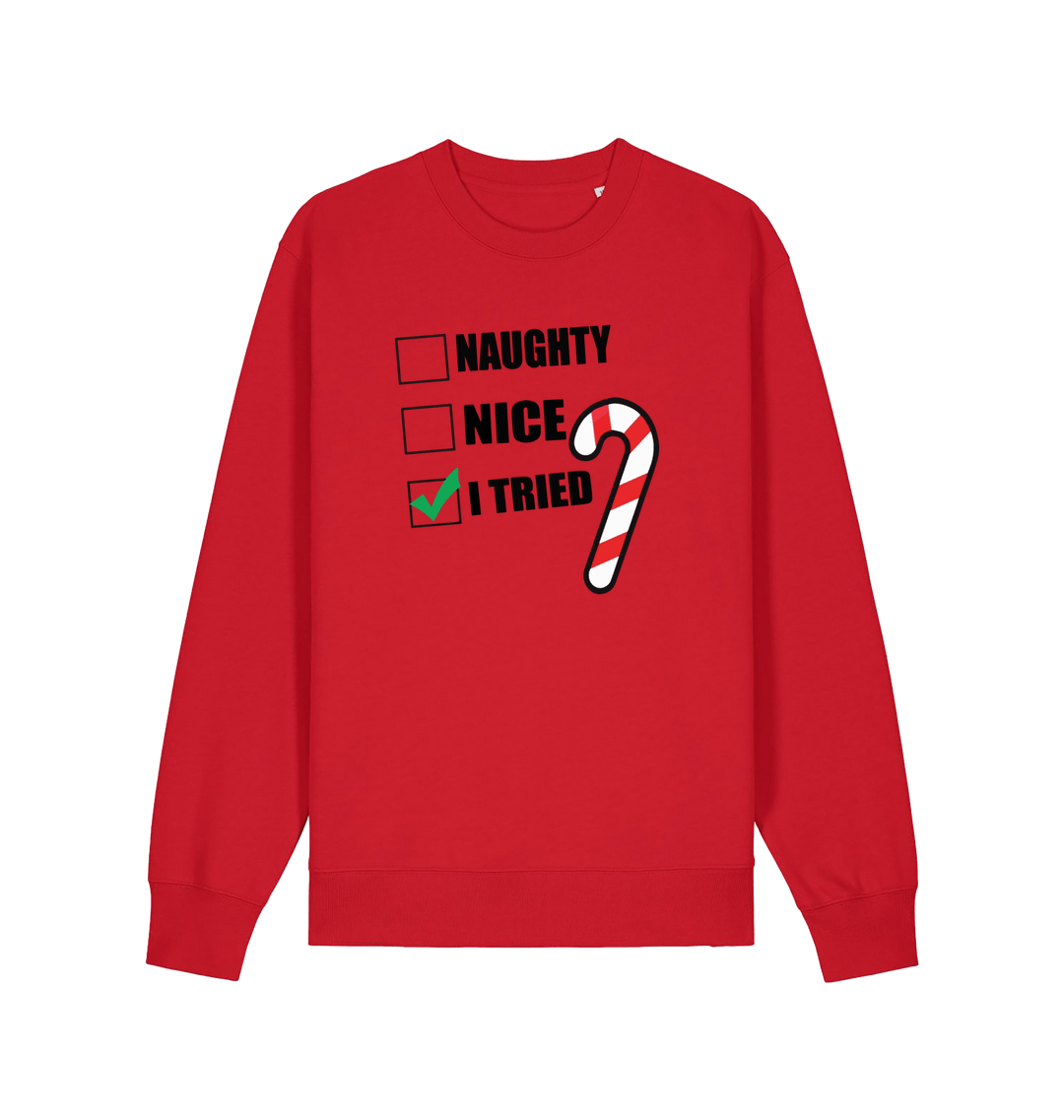 red christmas sweater with the slogan 'naughty nice i tried'
