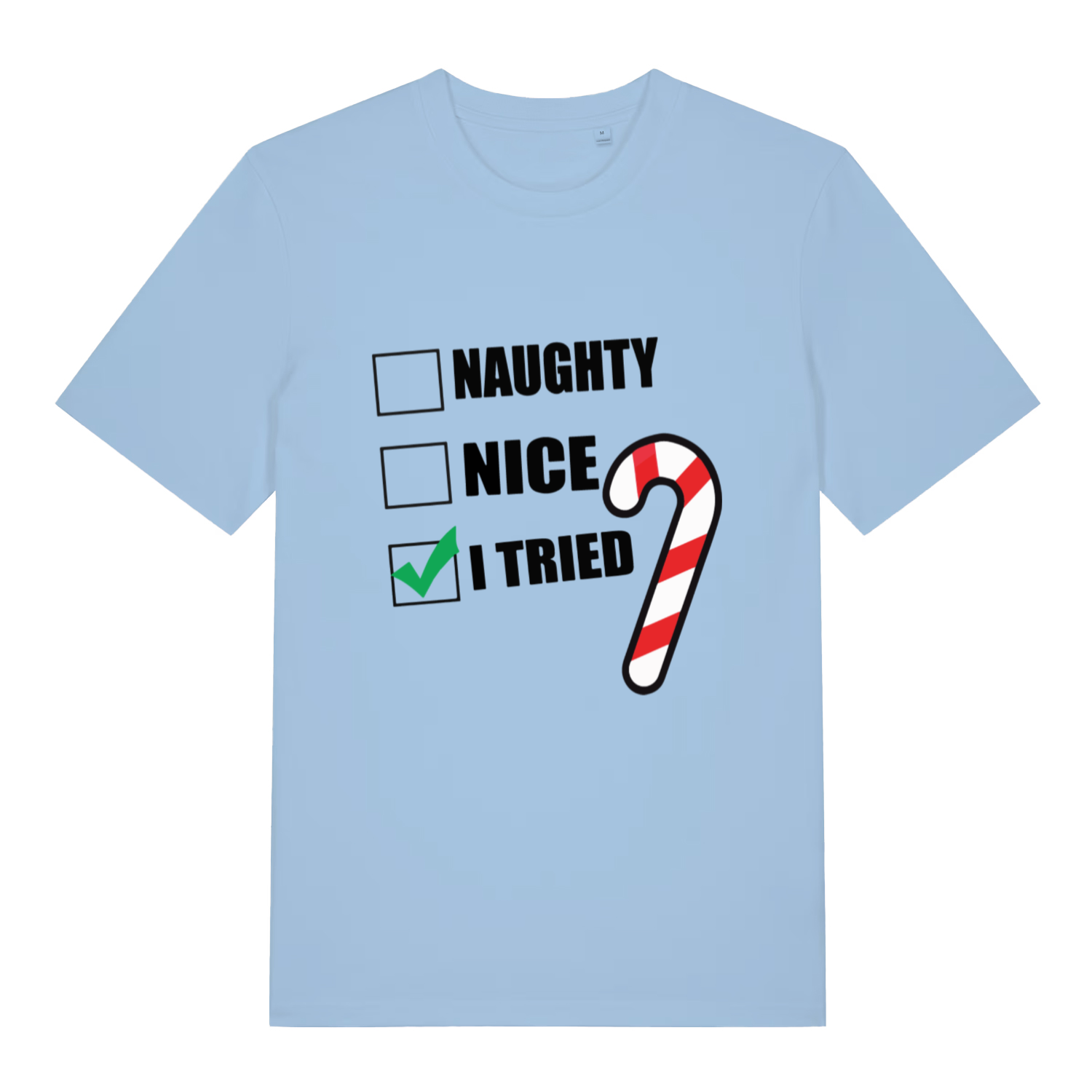 Light blue Naughty Nice I Tried funny slogan t-shirt with bold lettering and candy cane  