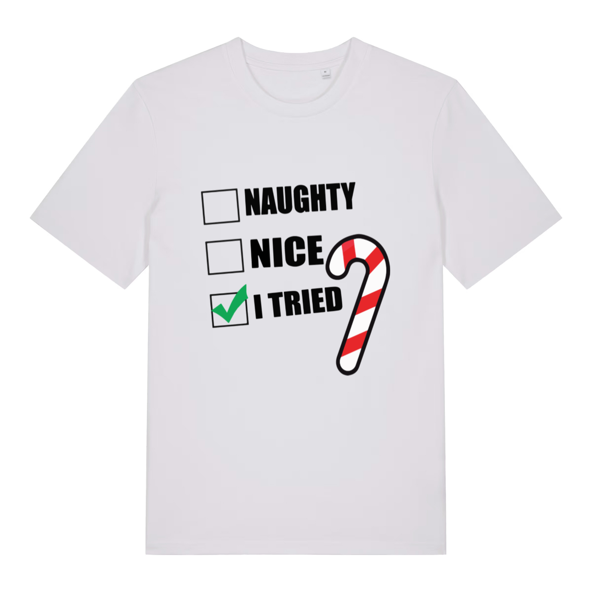 White Naughty Nice I Tried funny slogan t-shirt showing festive checklist design  