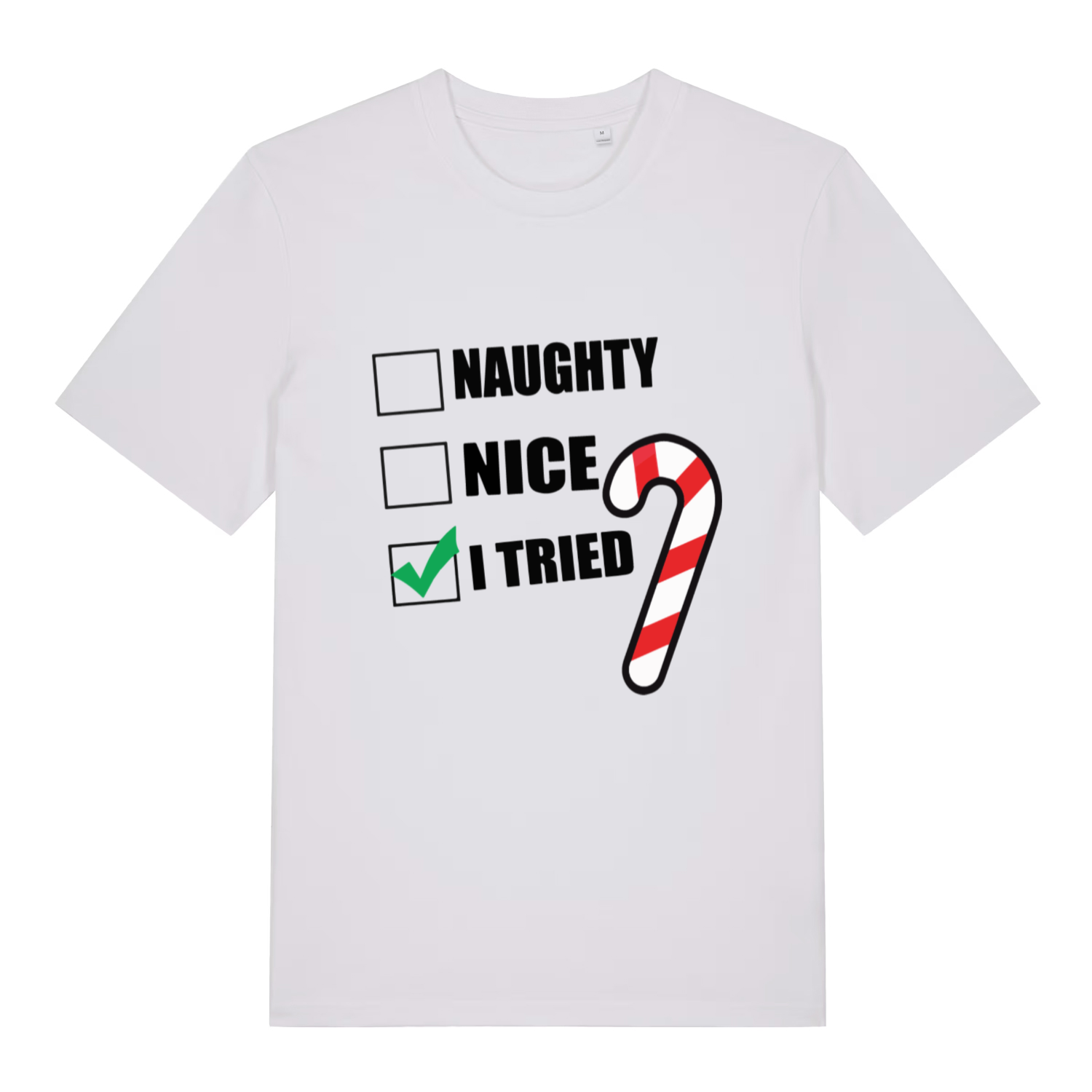 White Naughty Nice I Tried funny slogan t-shirt showing festive checklist design  