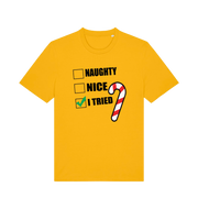 yellow christmas t-shirt with the slogan 'naughty nice i tried'