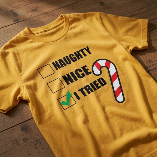 Yellow Naughty Nice I Tried t-shirt on wood with candy cane design, funny witty mens xmas day banter
