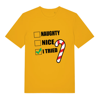 Yellow Naughty Nice I Tried funny slogan t-shirt with I Tried tick and candy cane  