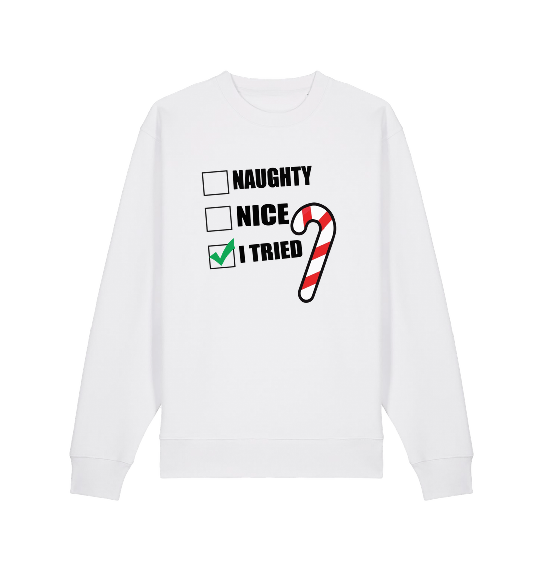 white christmas sweater with the slogan 'naughty nice i tried'