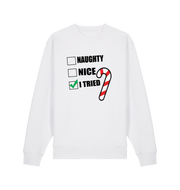 white christmas sweater with the slogan 'naughty nice i tried'