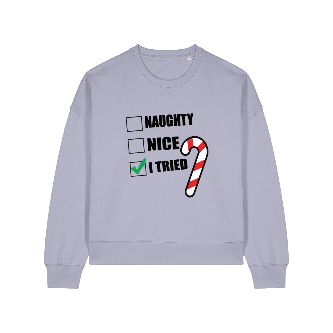 lavender christmas sweater with the slogan 'naughty nice i tried'