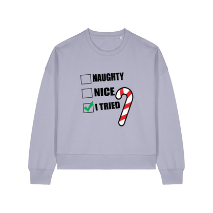 lavender christmas sweater with the slogan 'naughty nice i tried'