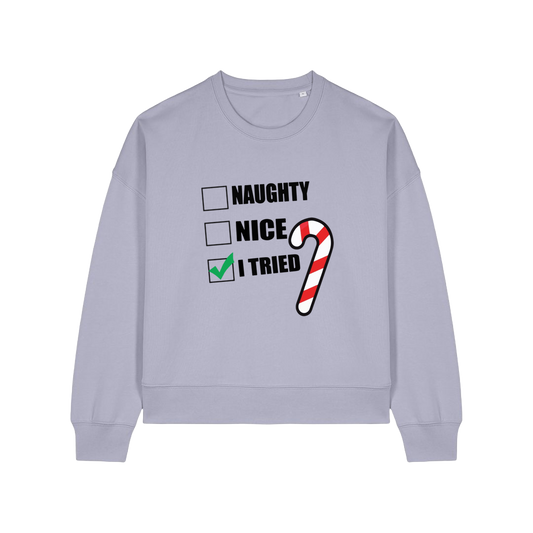 lavender christmas sweater with the slogan 'naughty nice i tried'