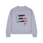 lavender christmas sweater with the slogan 'naughty nice i tried'