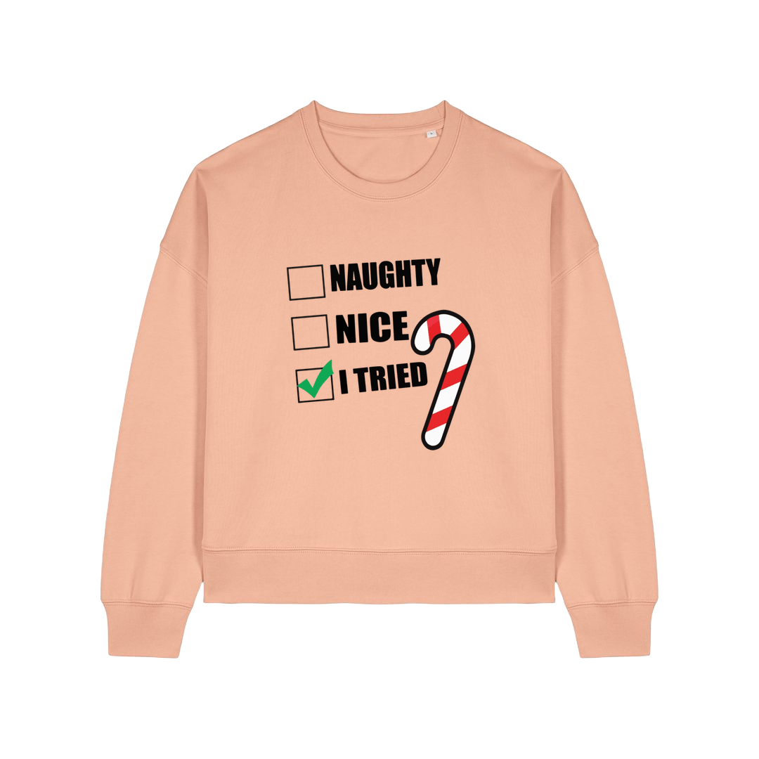 peach christmas sweater with the slogan 'naughty nice i tried'