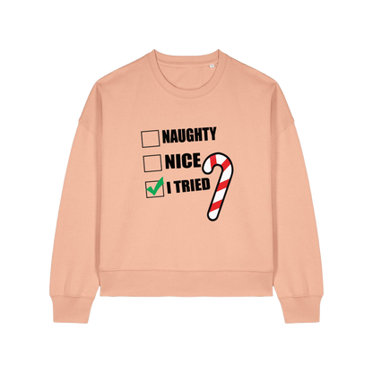 peach christmas sweater with the slogan 'naughty nice i tried'