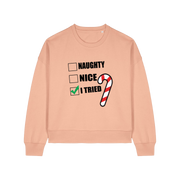 peach christmas sweater with the slogan 'naughty nice i tried'