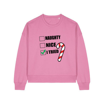 pink christmas sweater with the slogan 'naughty nice i tried'