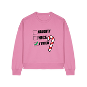 pink christmas sweater with the slogan 'naughty nice i tried'