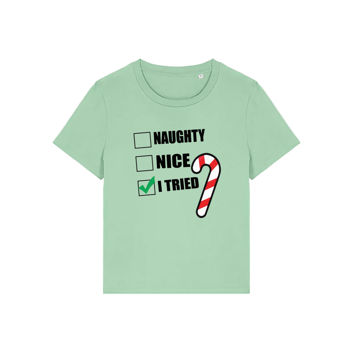 Light green Christmas t-shirt with Christmas-themed text and candy cane graphic 