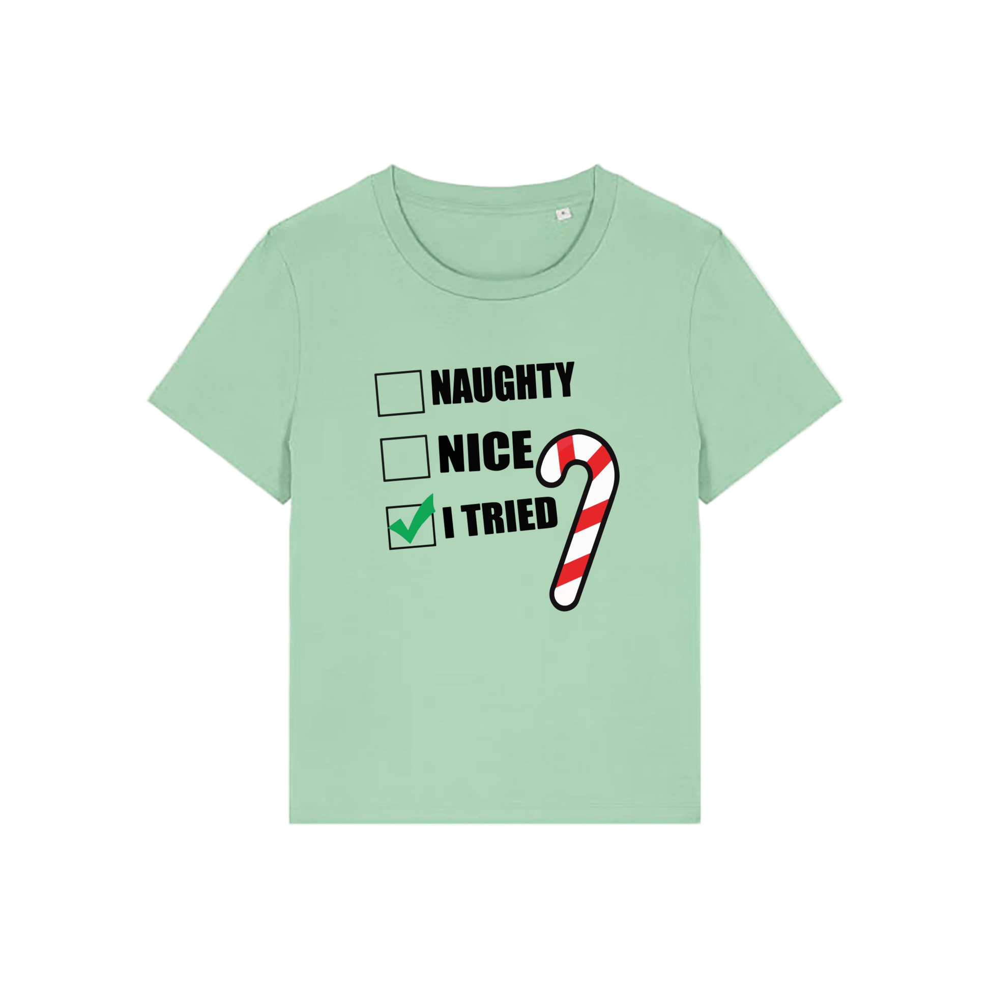 Light green Christmas t-shirt with Christmas-themed text and candy cane graphic 