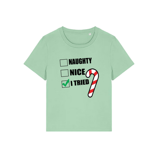 Light green Christmas t-shirt with Christmas-themed text and candy cane graphic 