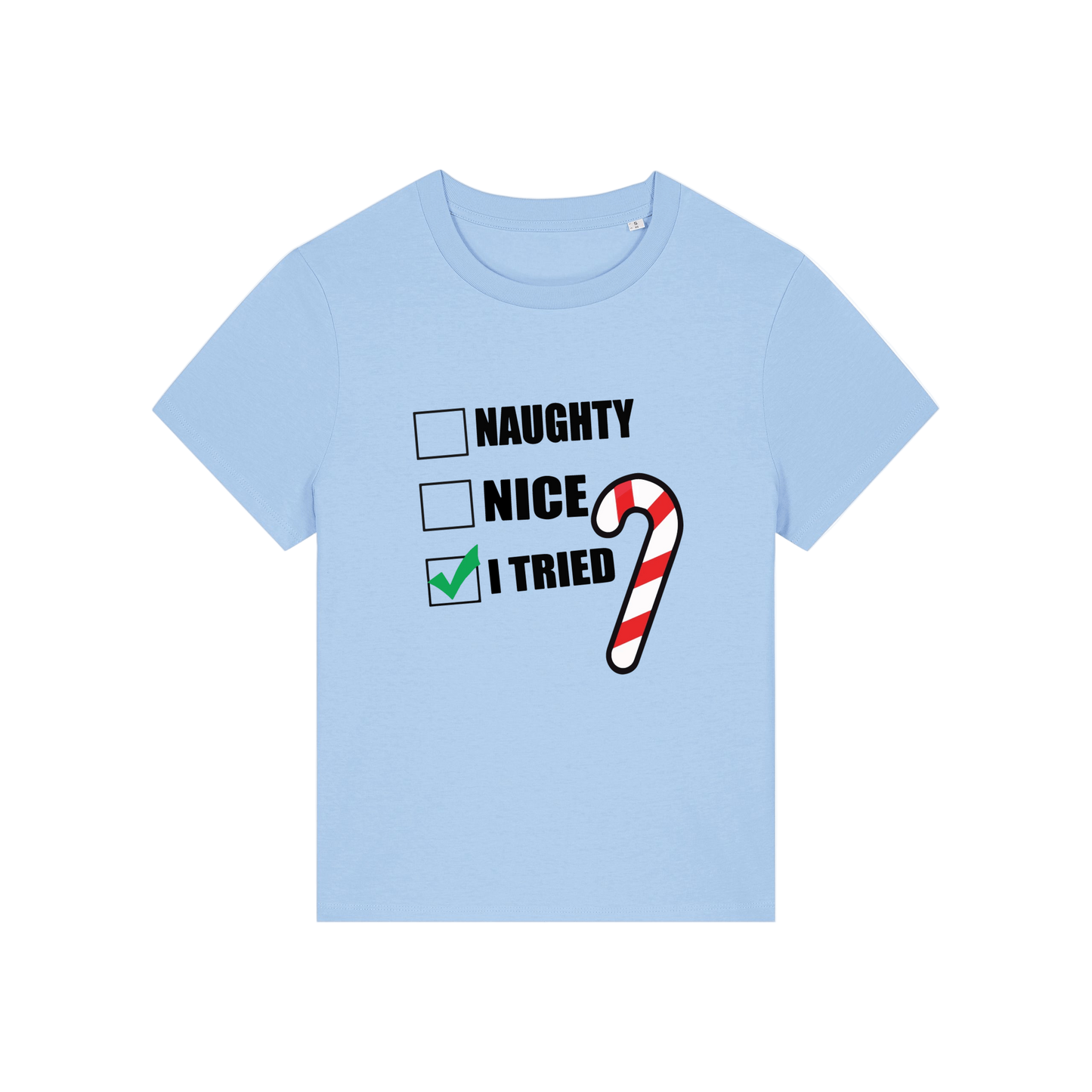 light blue Christmas t-shirt with Christmas-themed text and candy cane graphic 
