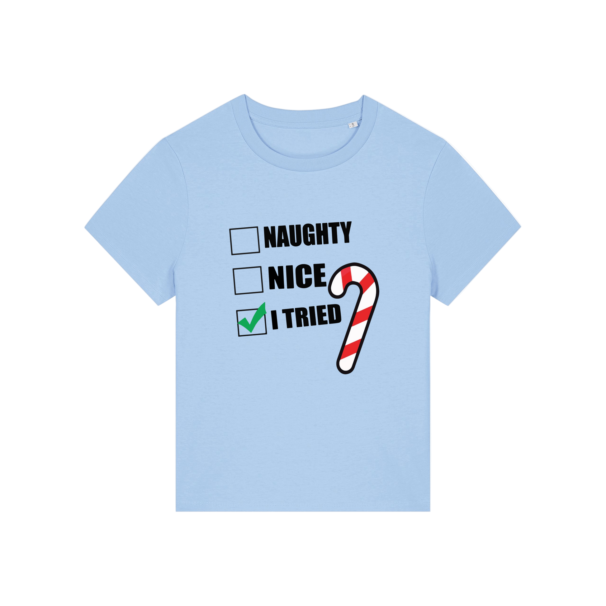 light blue Christmas t-shirt with Christmas-themed text and candy cane graphic 
