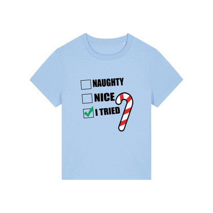 light blue Christmas t-shirt with Christmas-themed text and candy cane graphic 