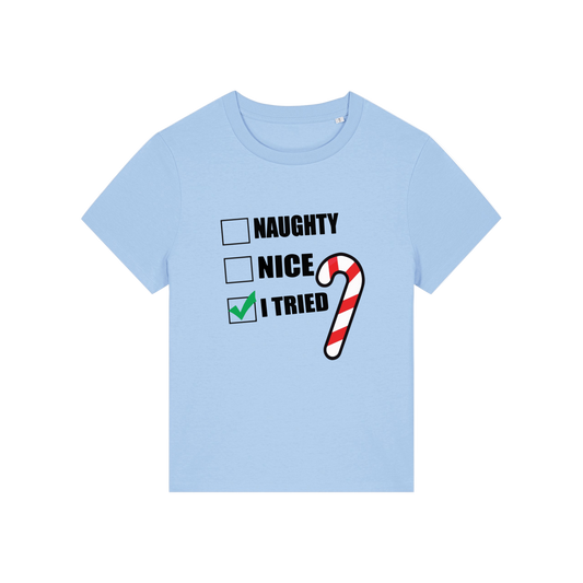light blue Christmas t-shirt with Christmas-themed text and candy cane graphic 