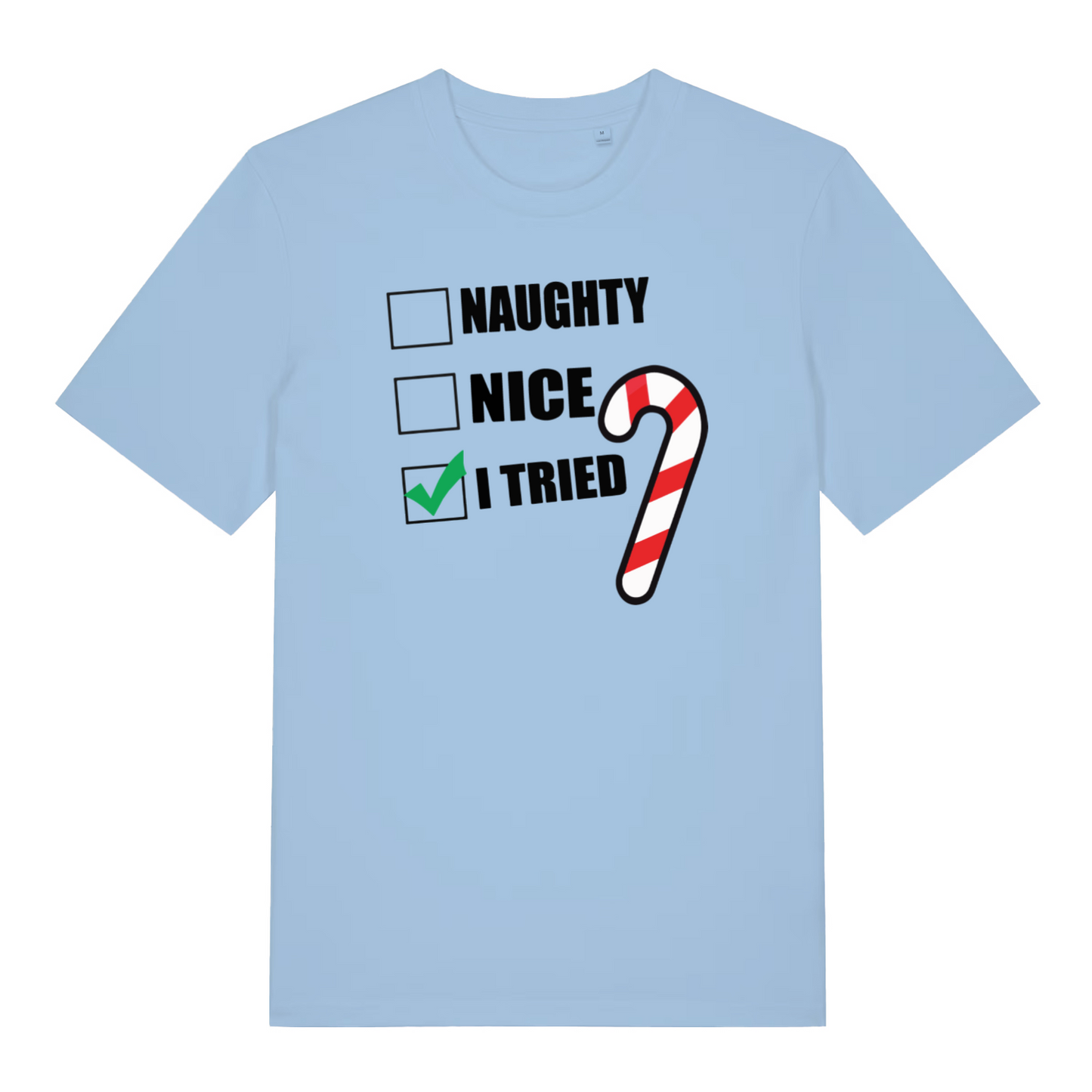 light blue women's xmas t-shirt with Christmas-themed text and candy cane graphic