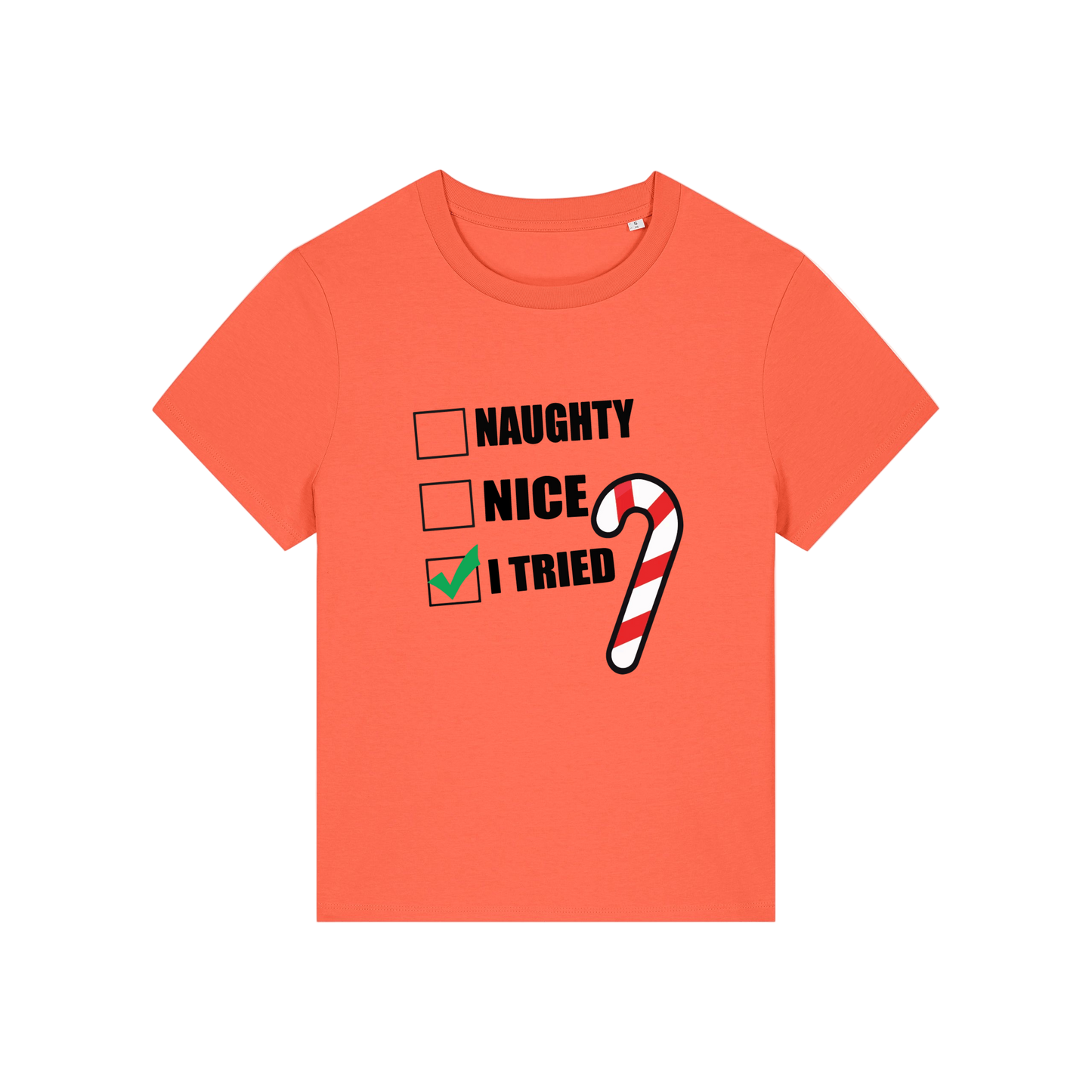 orange Christmas t-shirt with Christmas-themed text and candy cane graphic 