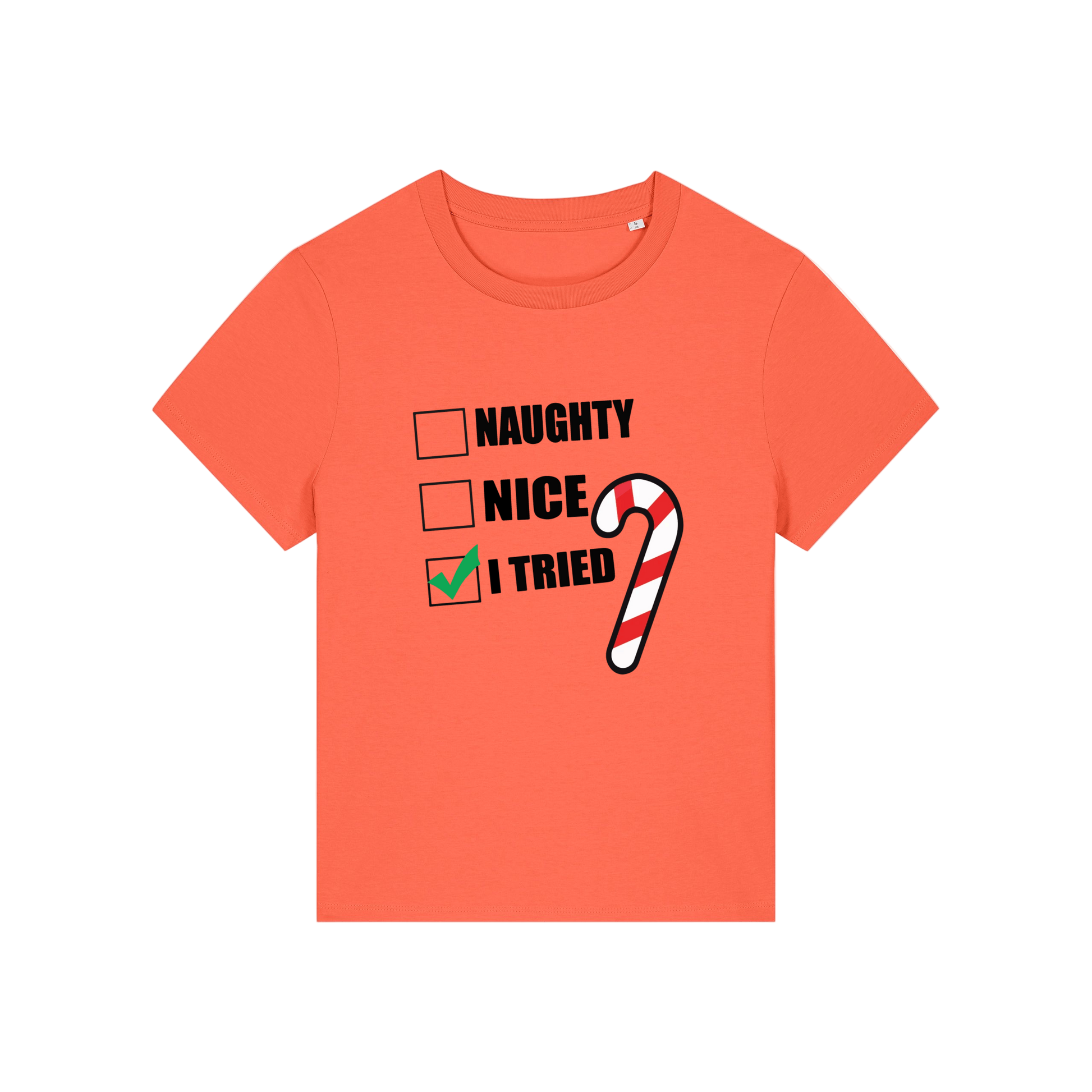 orange Christmas t-shirt with Christmas-themed text and candy cane graphic 