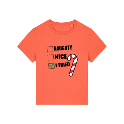 orange Christmas t-shirt with Christmas-themed text and candy cane graphic 
