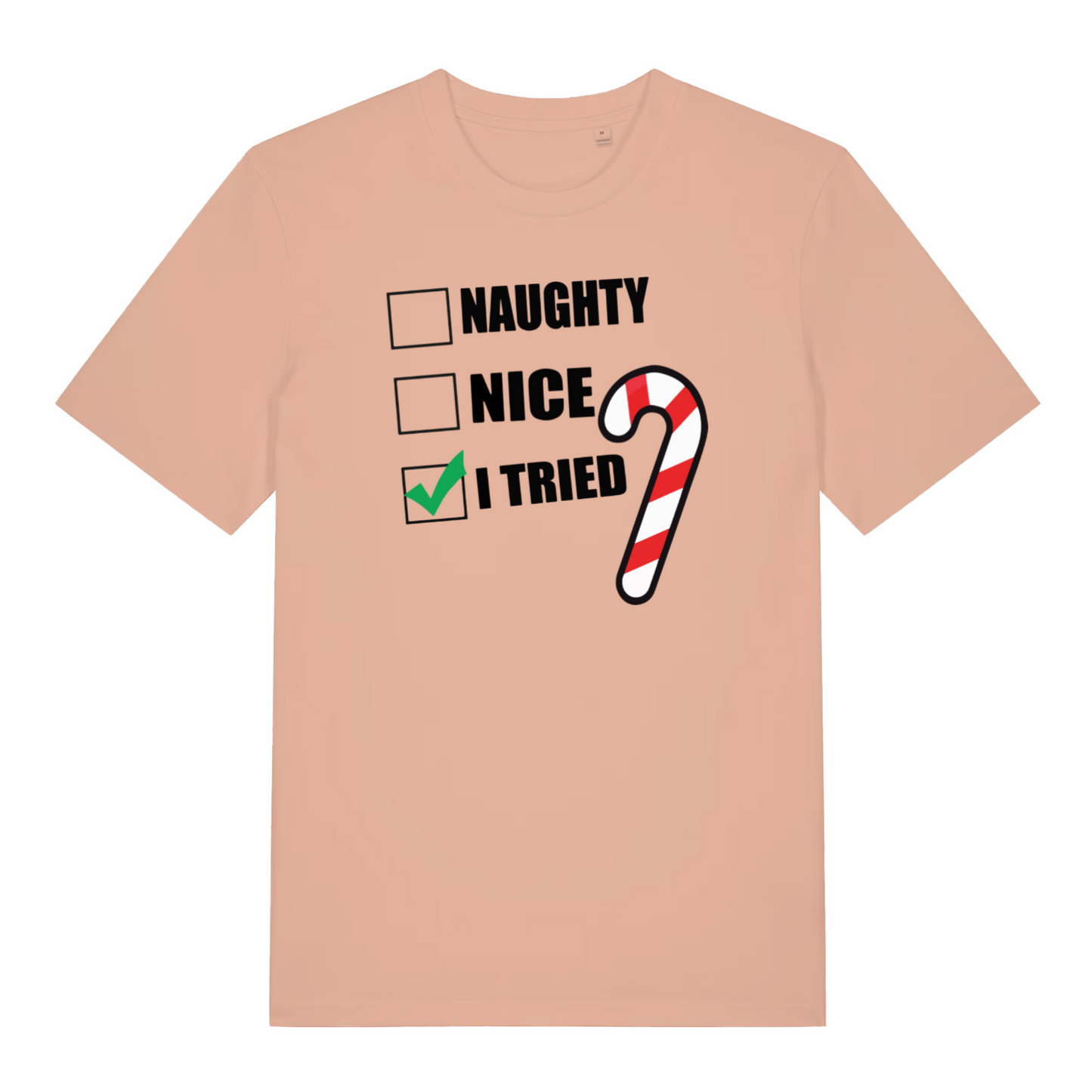 peach women's xmas t-shirt with Christmas-themed text and candy cane graphic