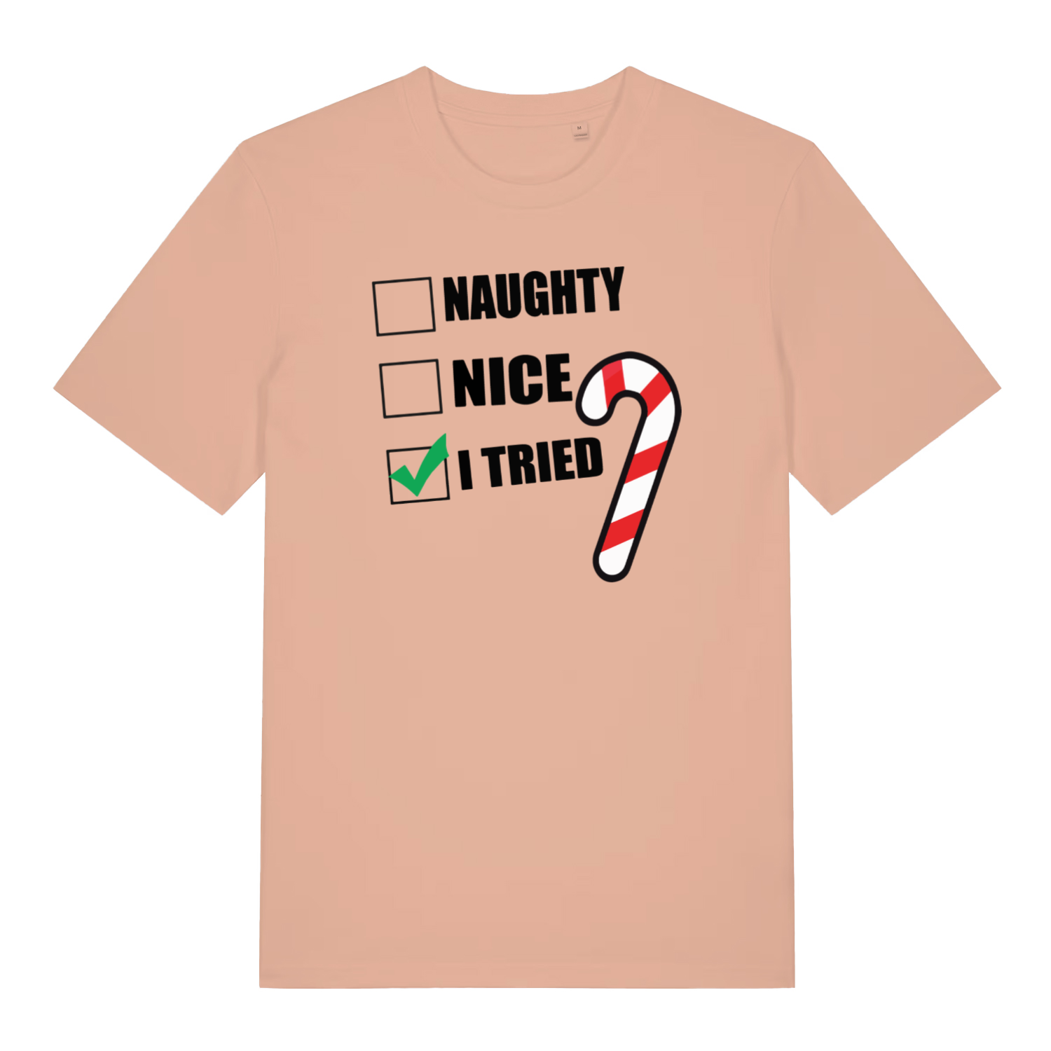 peach women's xmas t-shirt with Christmas-themed text and candy cane graphic