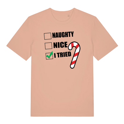 peach women's xmas t-shirt with Christmas-themed text and candy cane graphic